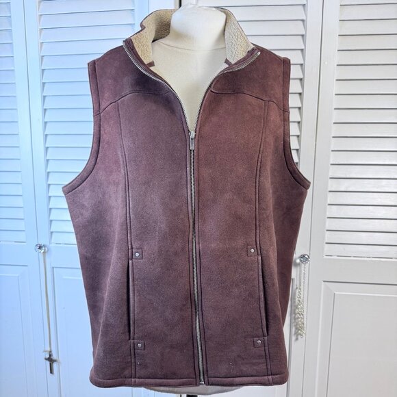 LAUREN RALPH LAUREN PLUS SIZE 2X BROWN FAUX SUEDE VEST SHERPA LINING WESTERN - Picture 1 of 9